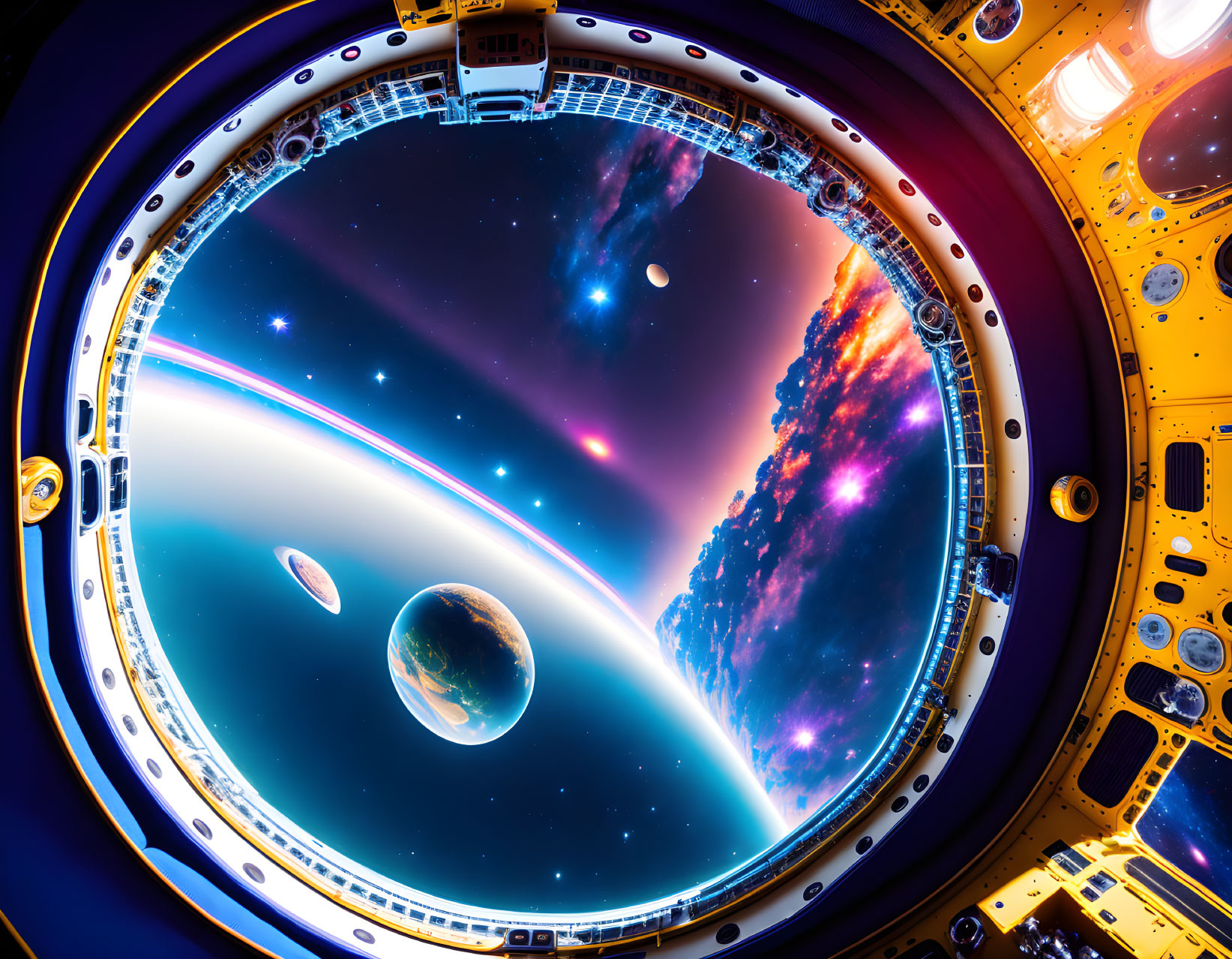 Circular spacecraft window reveals vibrant outer space with planets and stars.