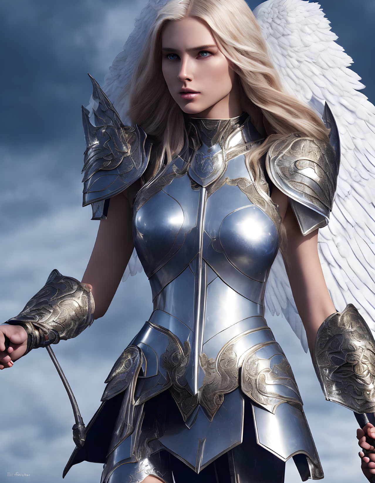 Digital artwork of female warrior with white wings and silver armor