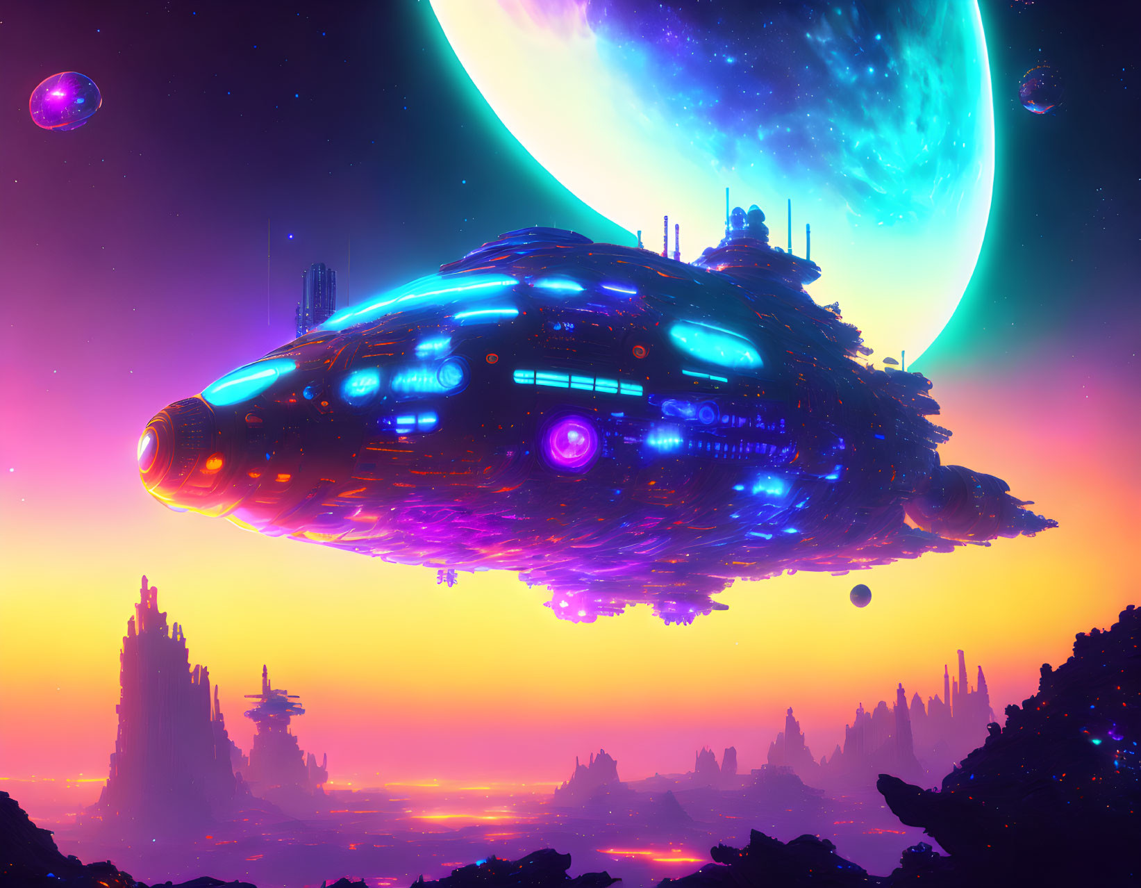 Futuristic spaceship over alien landscape with large planets in colorful sky