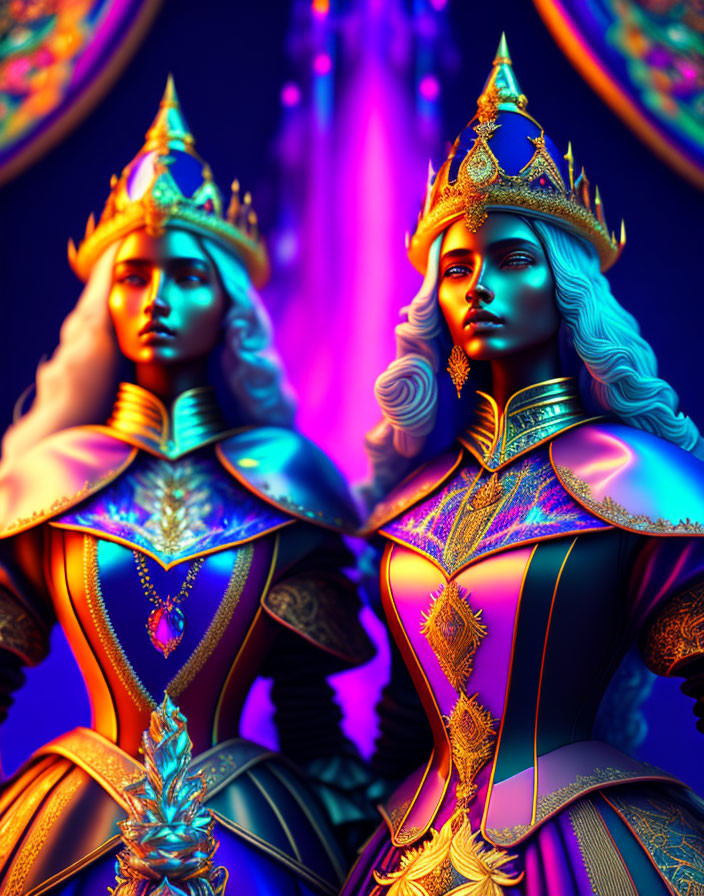 Regal Female Figures in Elaborate Crowns and Attire on Colorful Fantasy Background