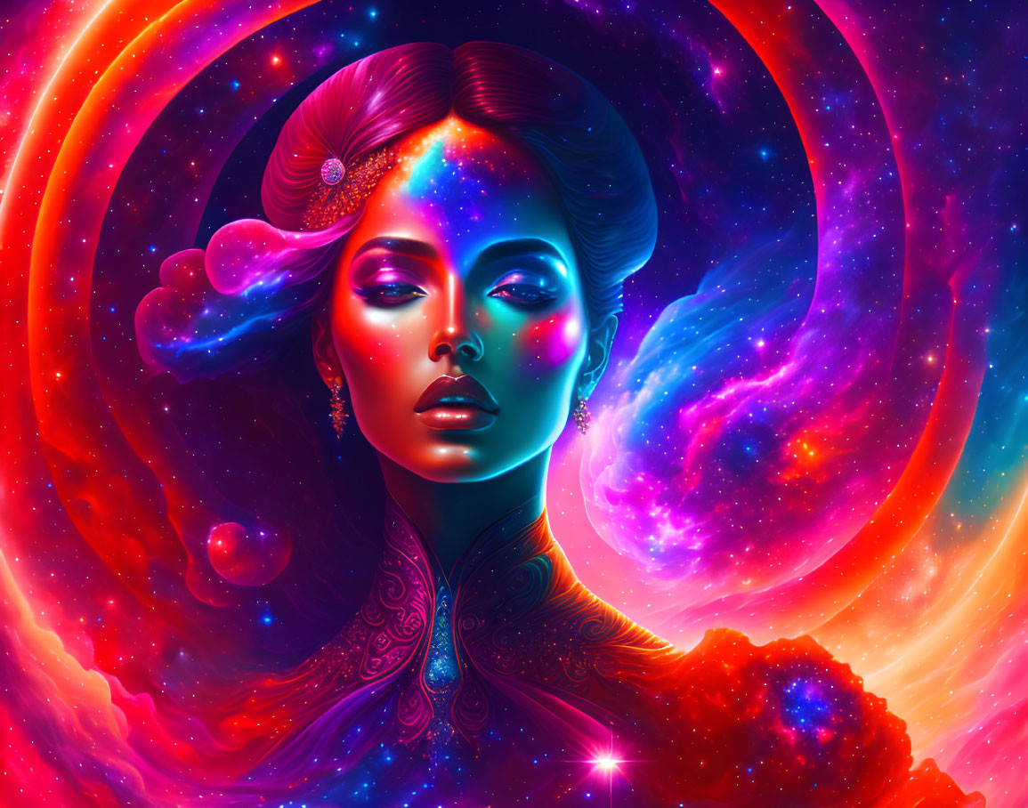 Colorful digital artwork: Woman's face with cosmic elements, stars, nebulas, galaxy patterns