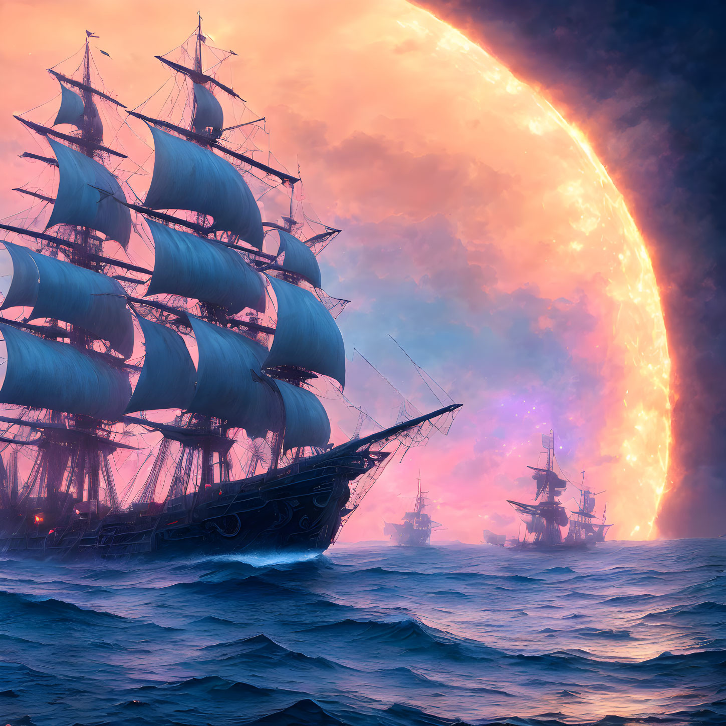 Tall ships on turbulent sea with massive fiery planet in sky