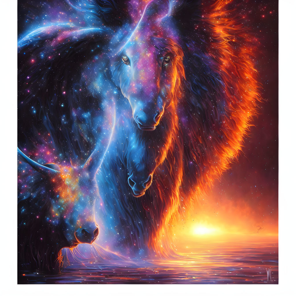 Colorful cosmic artwork: Wolf's head of stars and galaxies in fiery sunset landscape