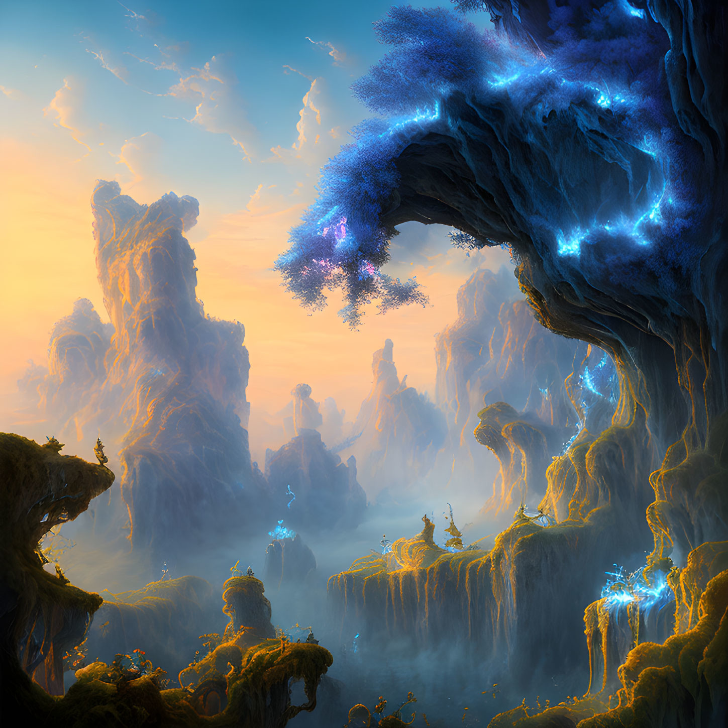 Mystical twilight landscape with towering rock formations and glowing blue flora