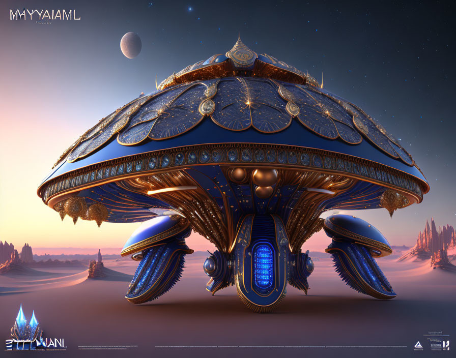 Detailed digital artwork: Alien spacecraft lands on desert planet with moon in twilight sky