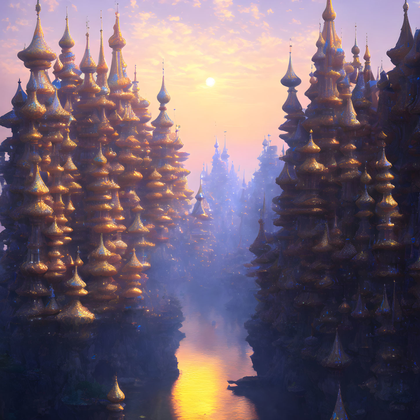 Fantasy landscape: towering spire-like structures near river at sunset