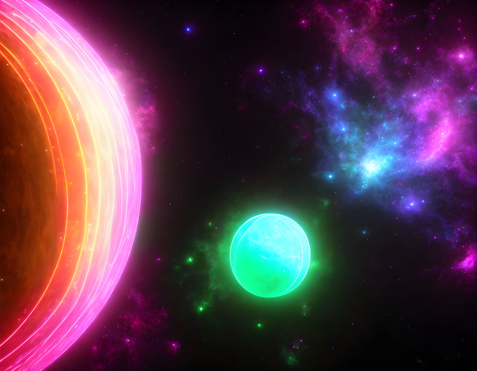 Colorful space scene with green planet, orange ringed body, nebula, and stars.