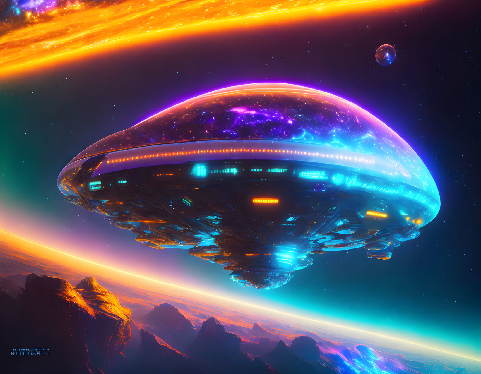 Futuristic spaceship over alien landscape under starlit sky