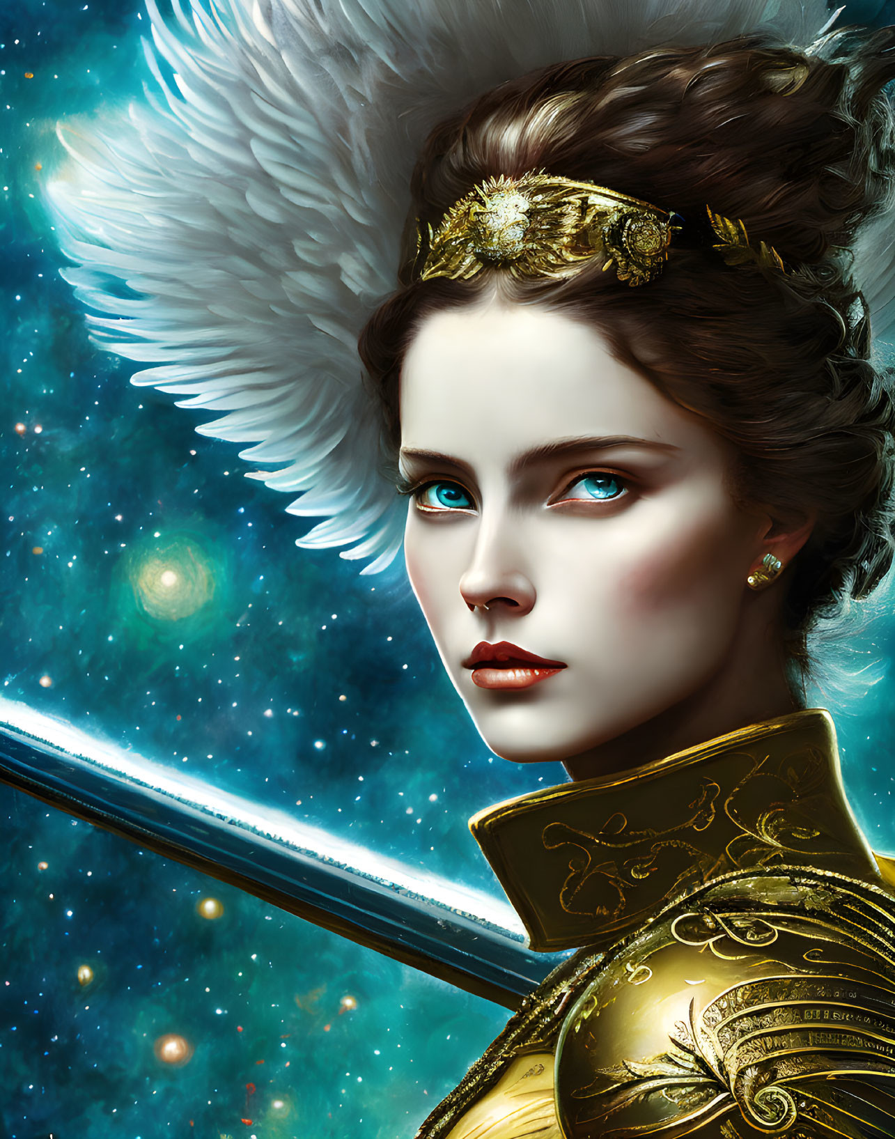 Digital painting of woman with blue eyes, gold headpiece, feathered wings, and armor on star