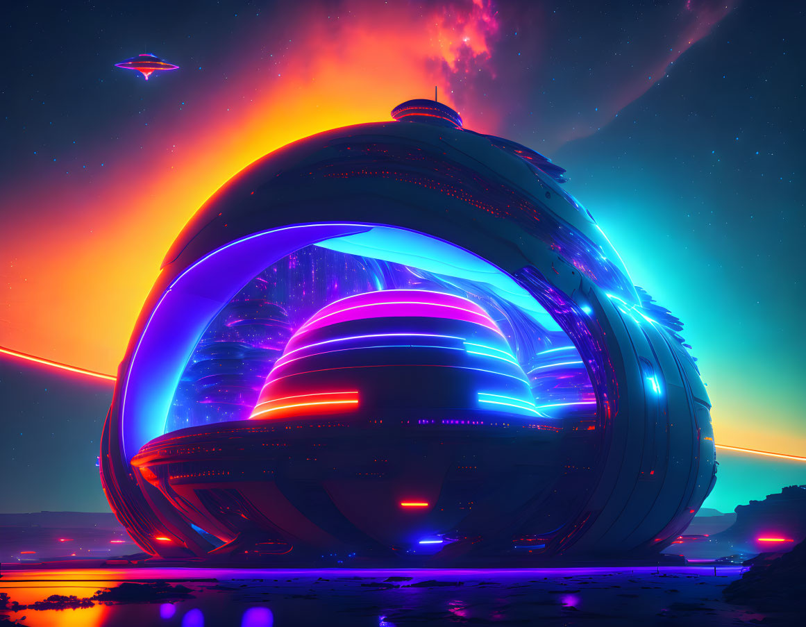 Futuristic spherical building with neon lights and flying saucers under starry sky