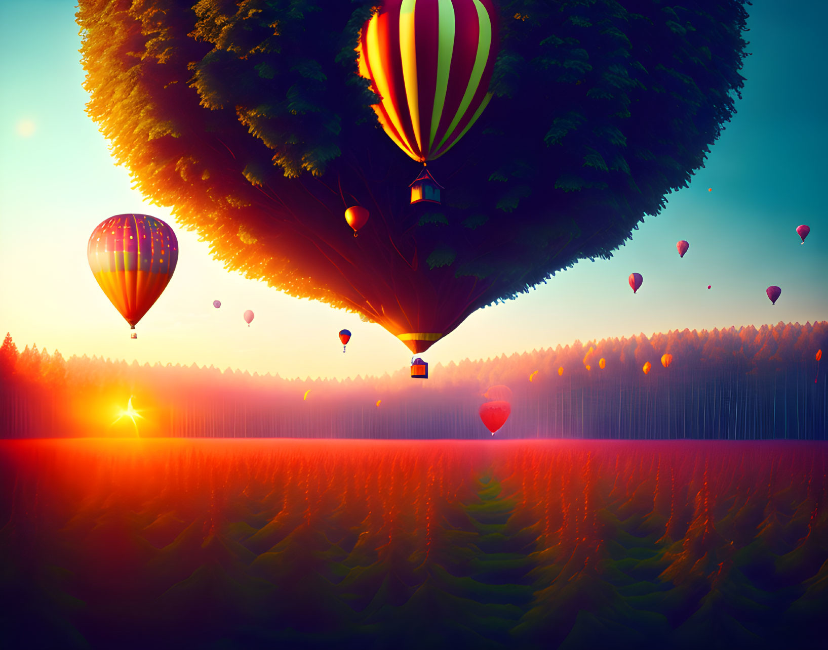 Vibrant forest sunset with colorful hot air balloons