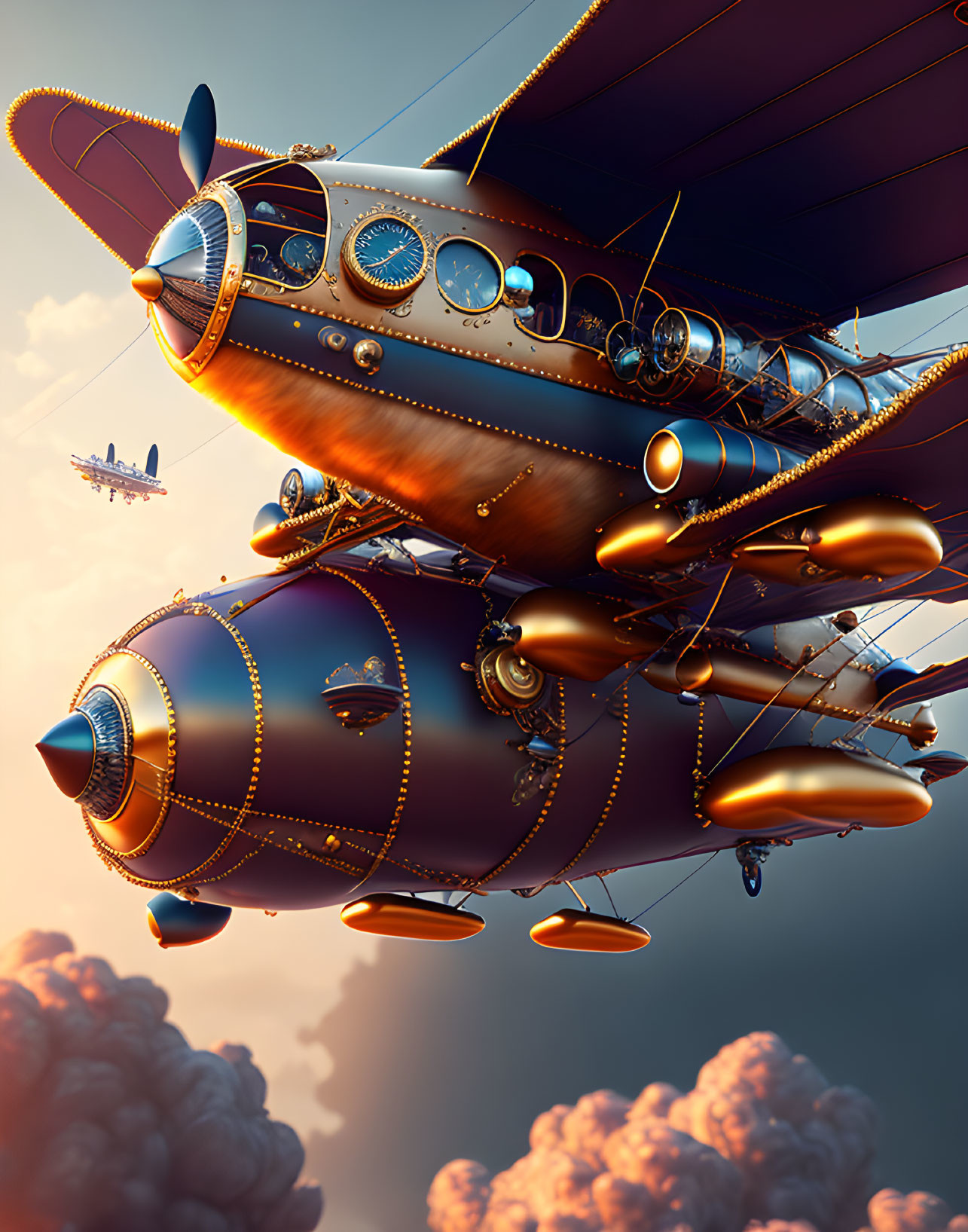 Elaborate steampunk airship in cloudy sky