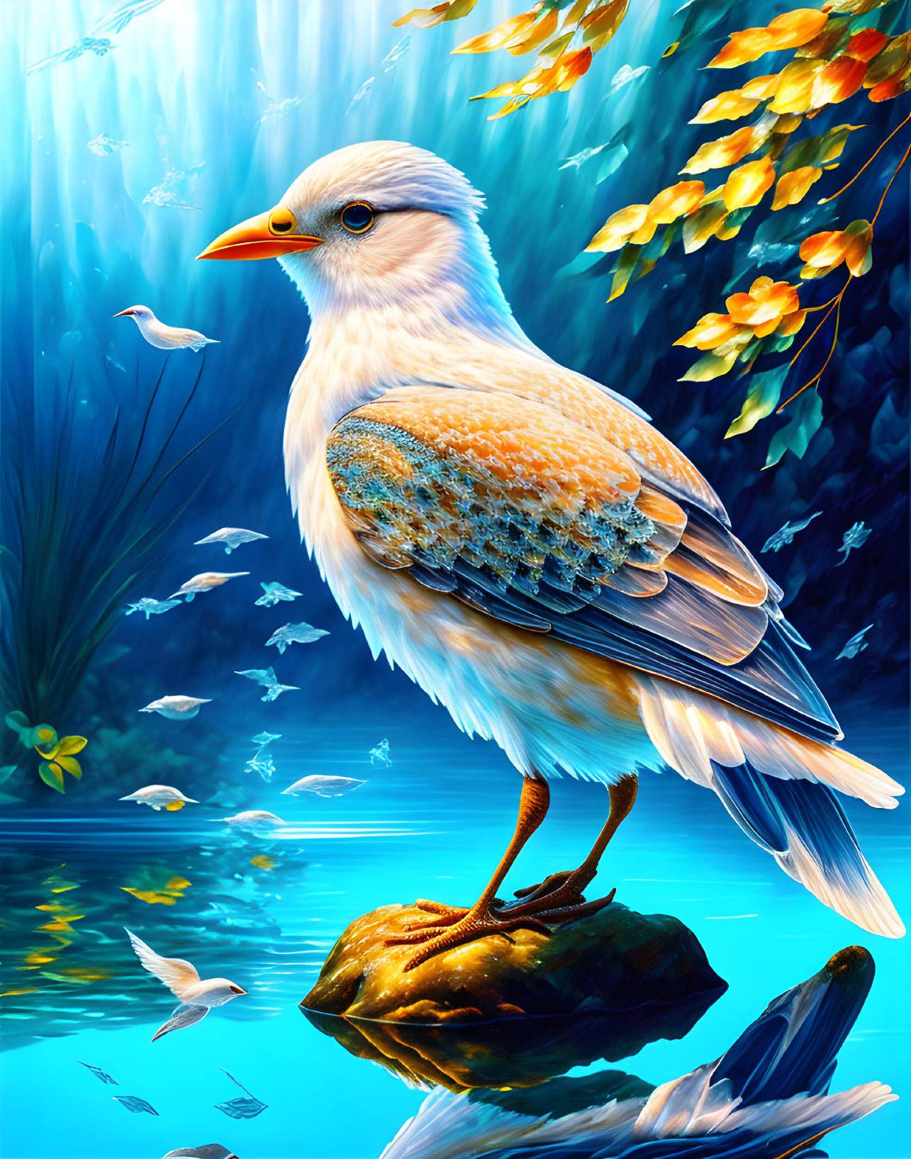 Colorful Bird Perched on Rock Above Blue Waters with Fish and Falling Leaves