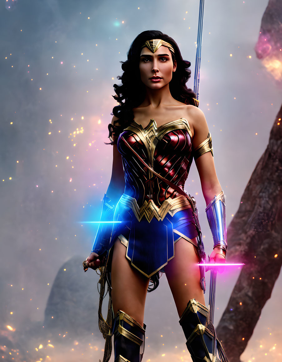 Wonder Woman digital artwork: iconic costume and glowing lasso in cosmic backdrop