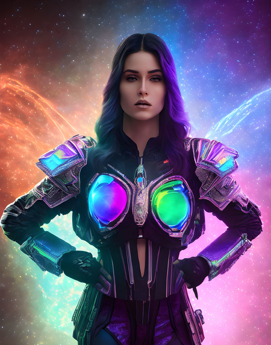 Futuristic armored woman with glowing blue elements in cosmic setting