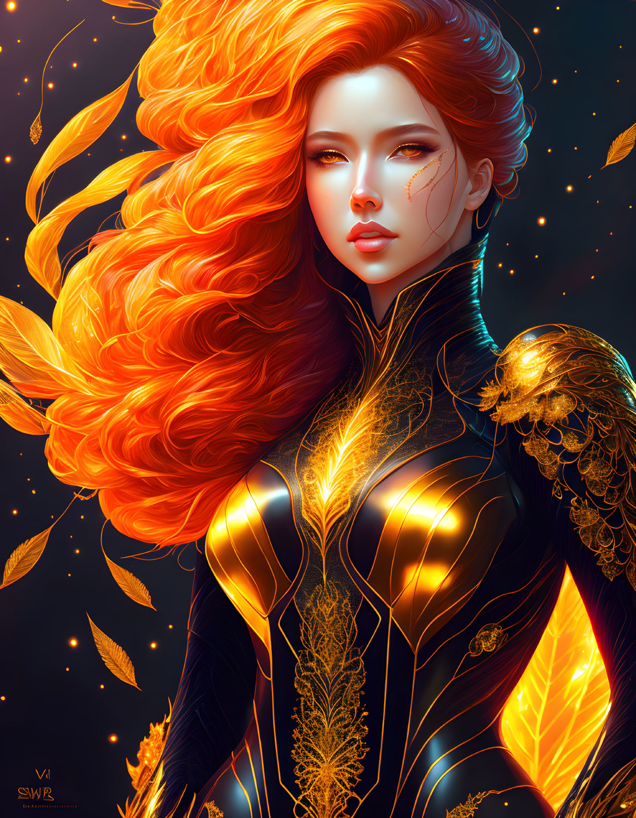 Digital Artwork: Woman with Fiery Red Hair and Golden Armor on Dark Background