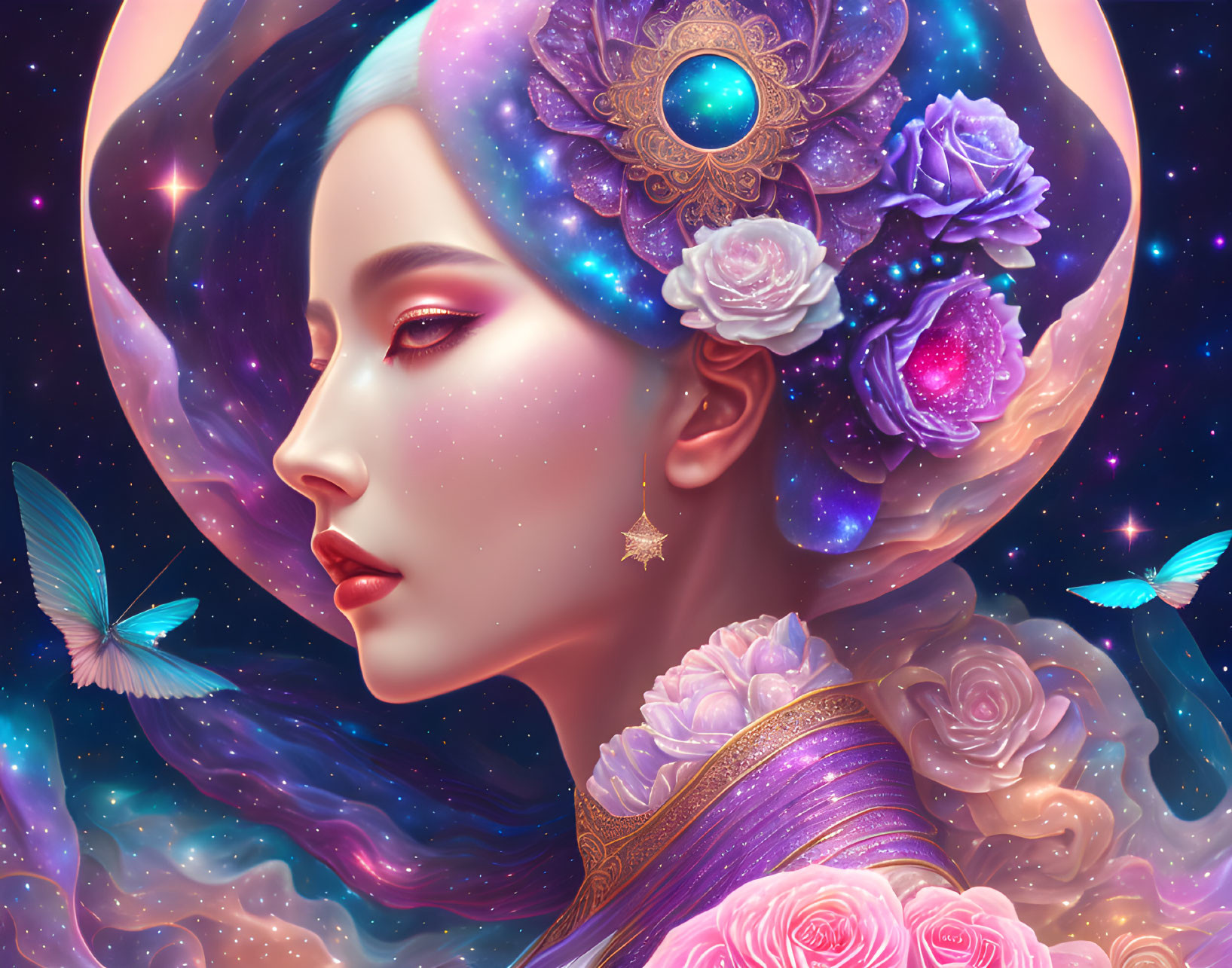 Celestial woman with full moon halo, surrounded by flowers and butterflies