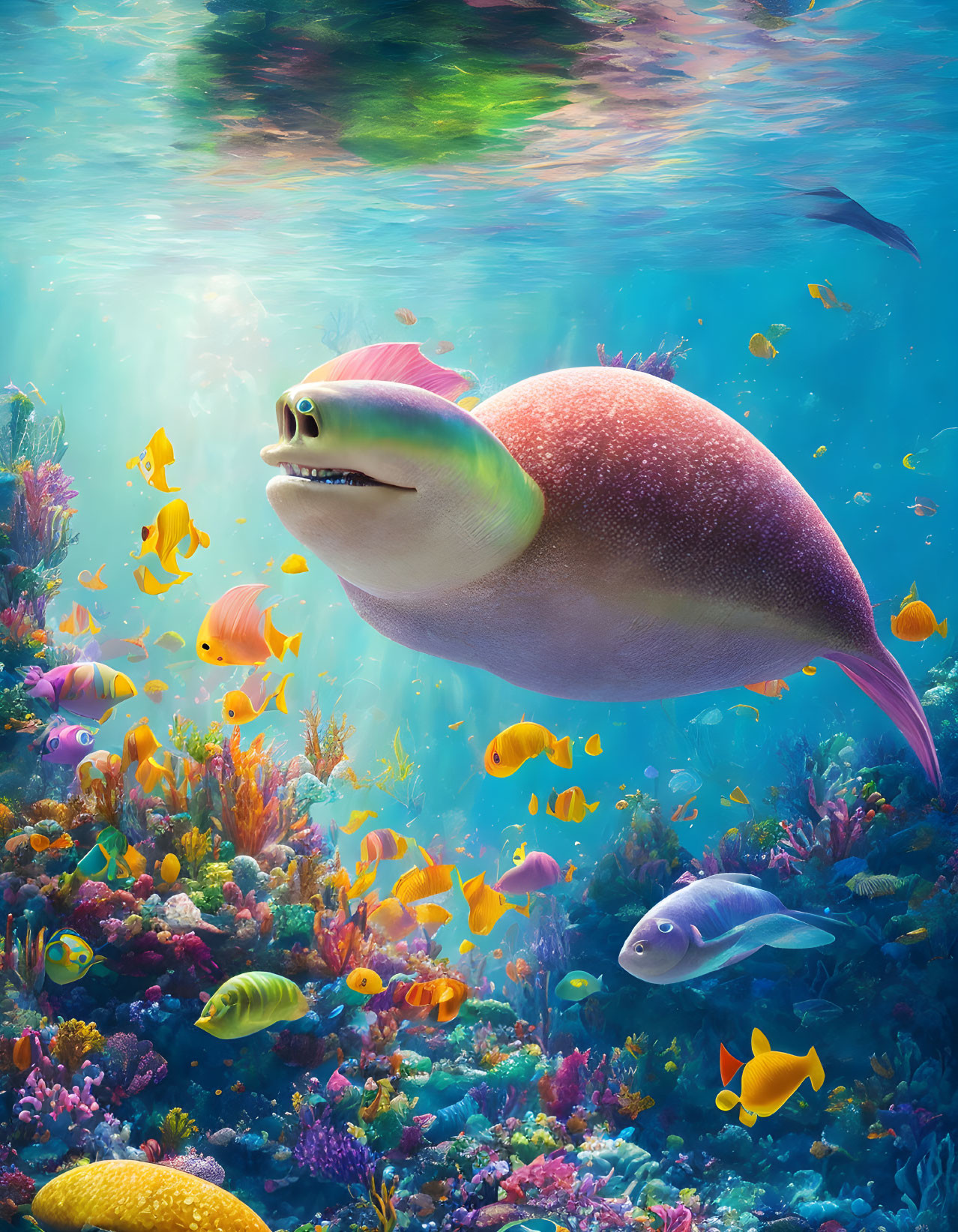 Colorful Underwater Scene with Large Whimsical Fish and Coral