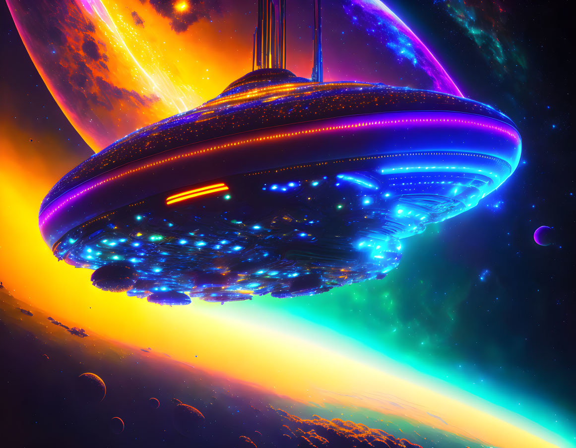 Colorful UFO in Space with Nebula and Planets