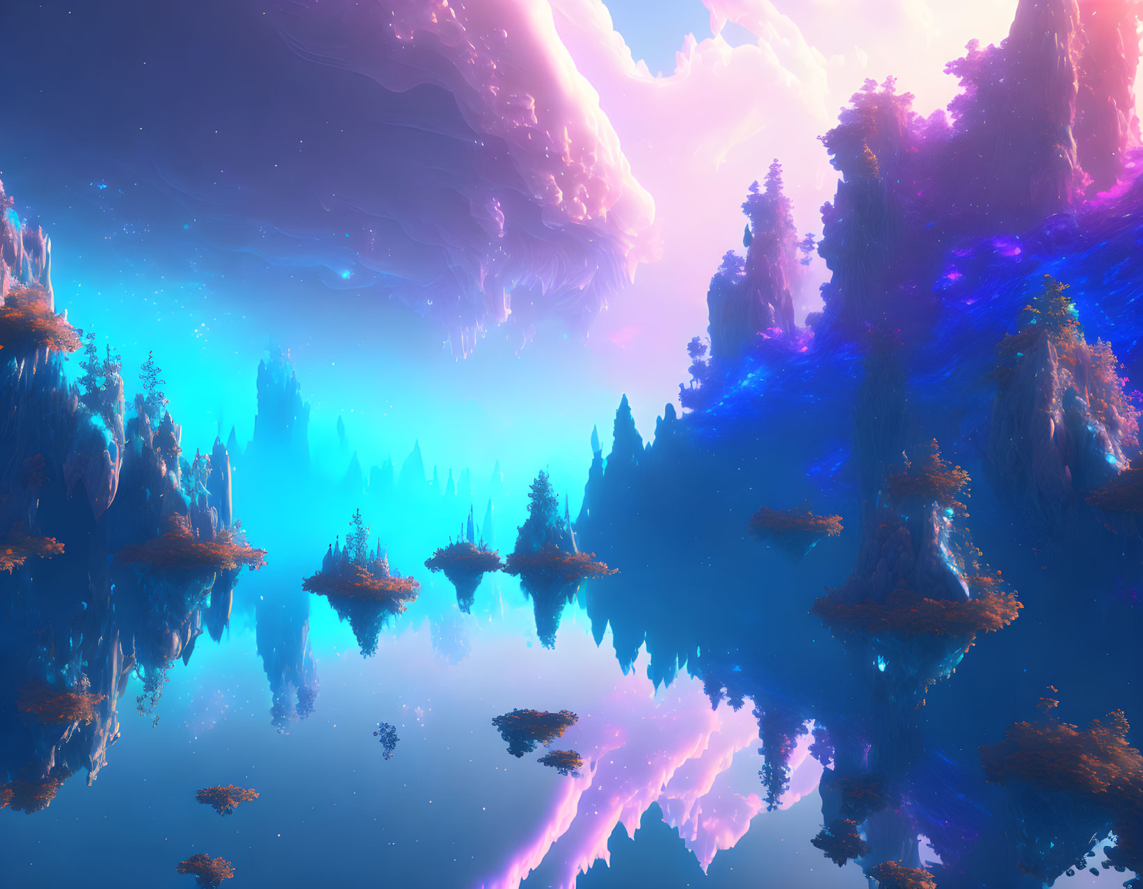 Fantastical landscape with floating islands and colorful nebula sky