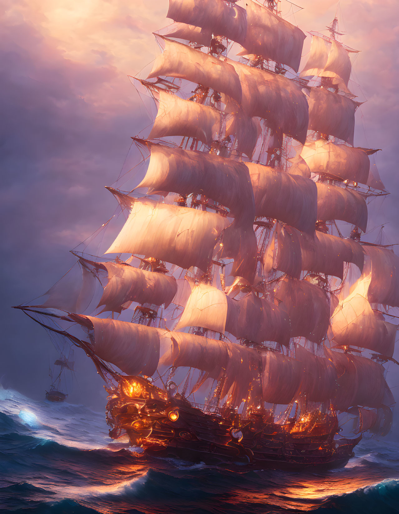 Tall ship with billowing sails sails through ocean waves at sunset