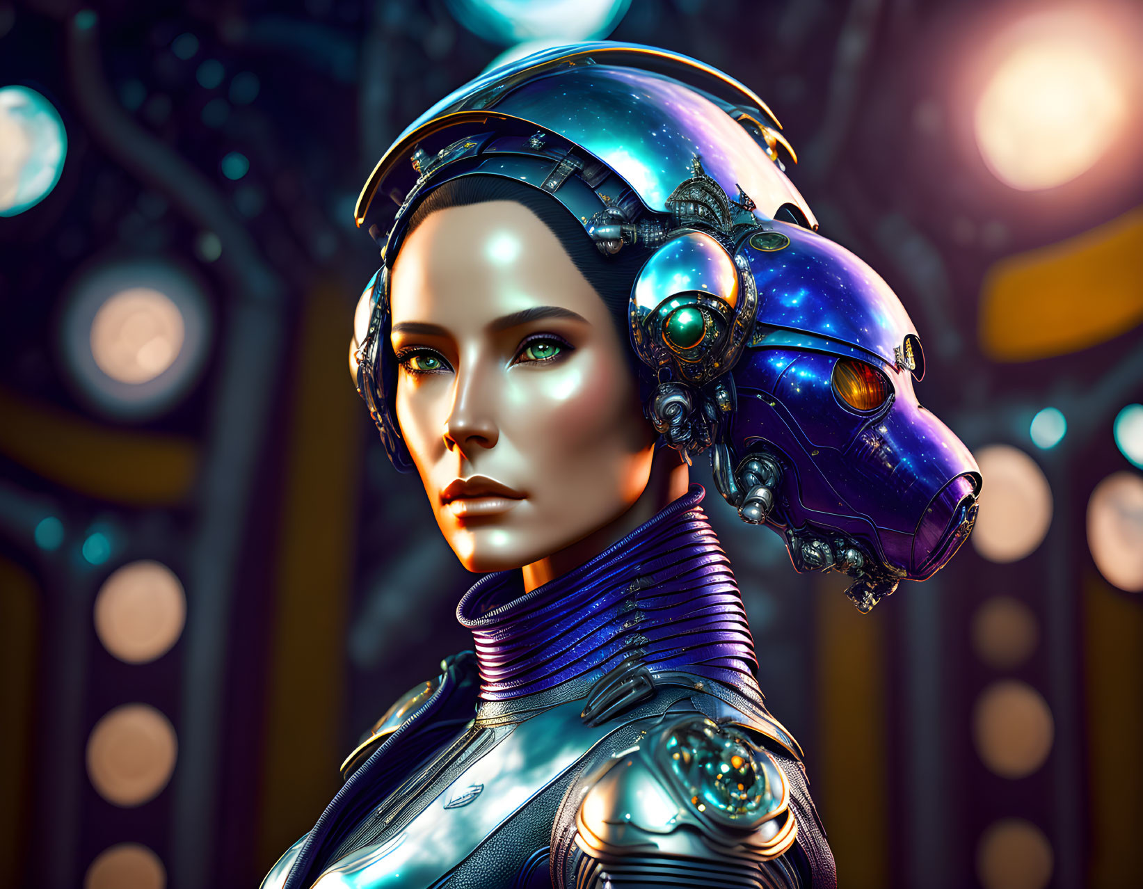 Futuristic female android in metallic suit with cyborg headgear and glowing eyes