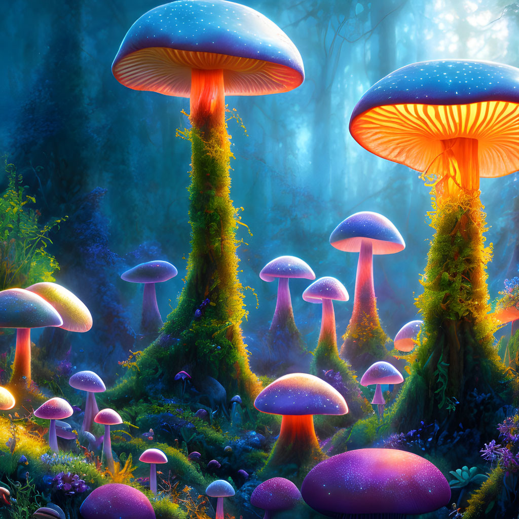 Mystical forest scene with glowing moss-covered mushrooms in foggy setting