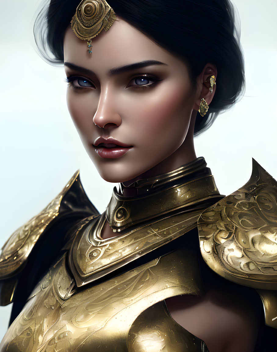 Digital artwork: Woman with black hair, gold jewelry, ornate armor, regal warrior presence