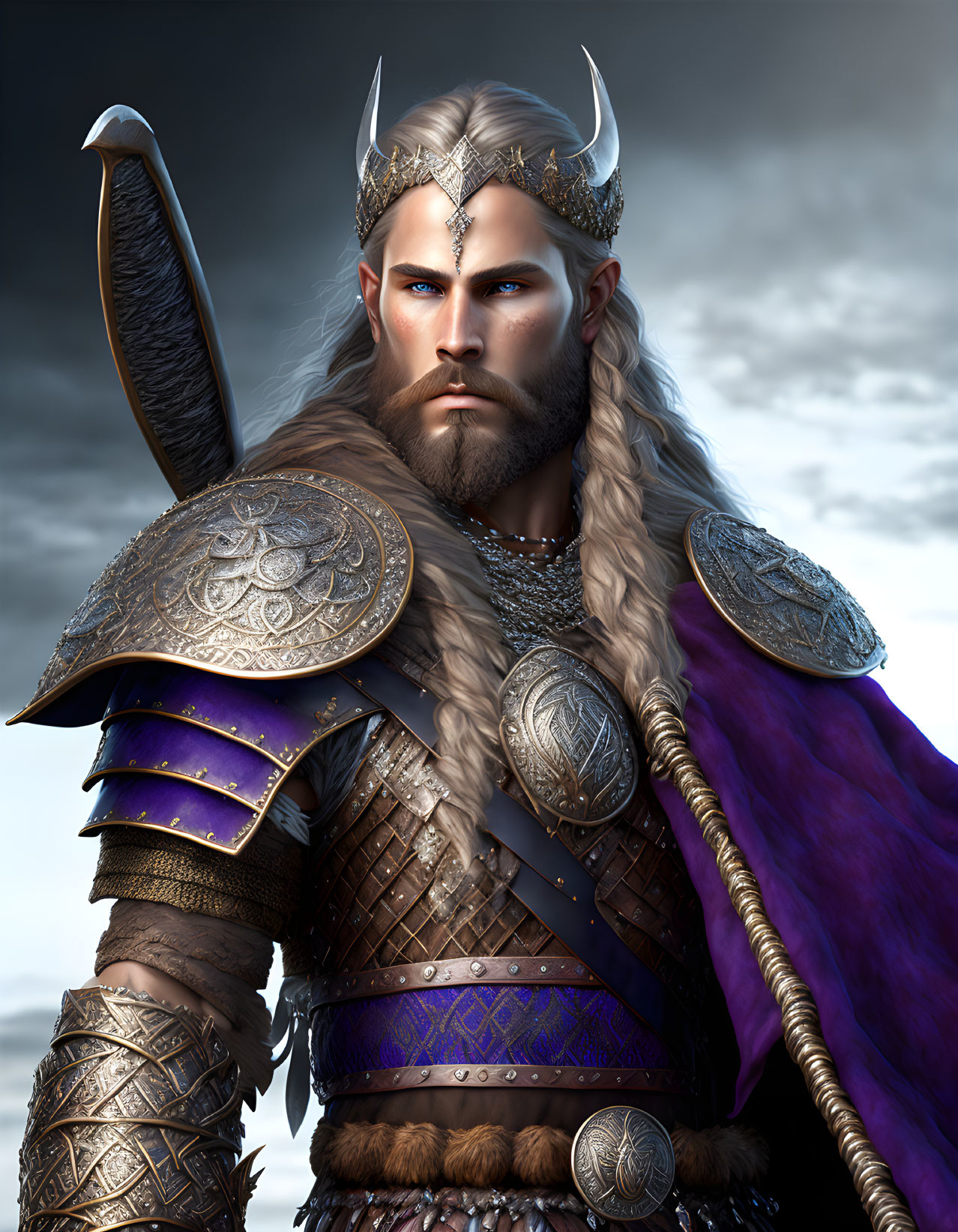 Fantasy warrior king in silver armor and purple cape