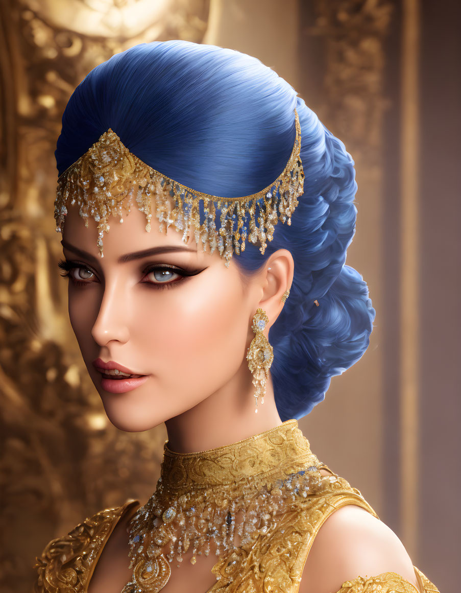 Vibrant Blue Hair Woman Portrait with Golden Jewelry and Headpiece