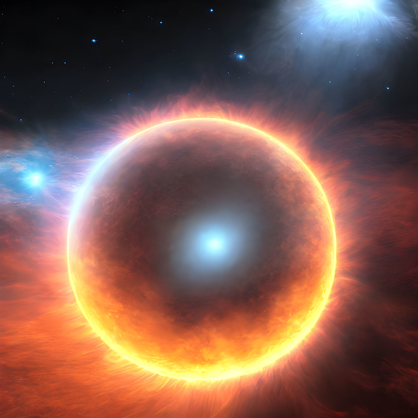 Glowing orange planet in vibrant space scene