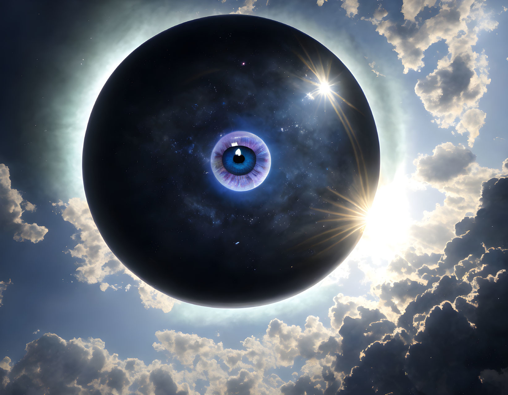 Surreal image of giant eye in celestial sphere with sunburst