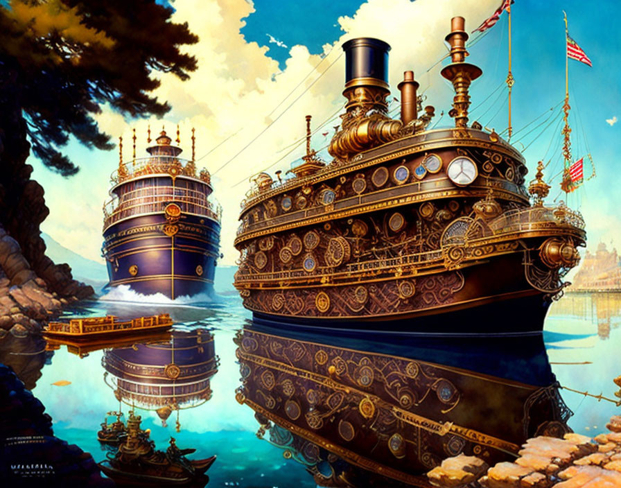 Intricate steampunk ships at fantastical pier under vibrant sky