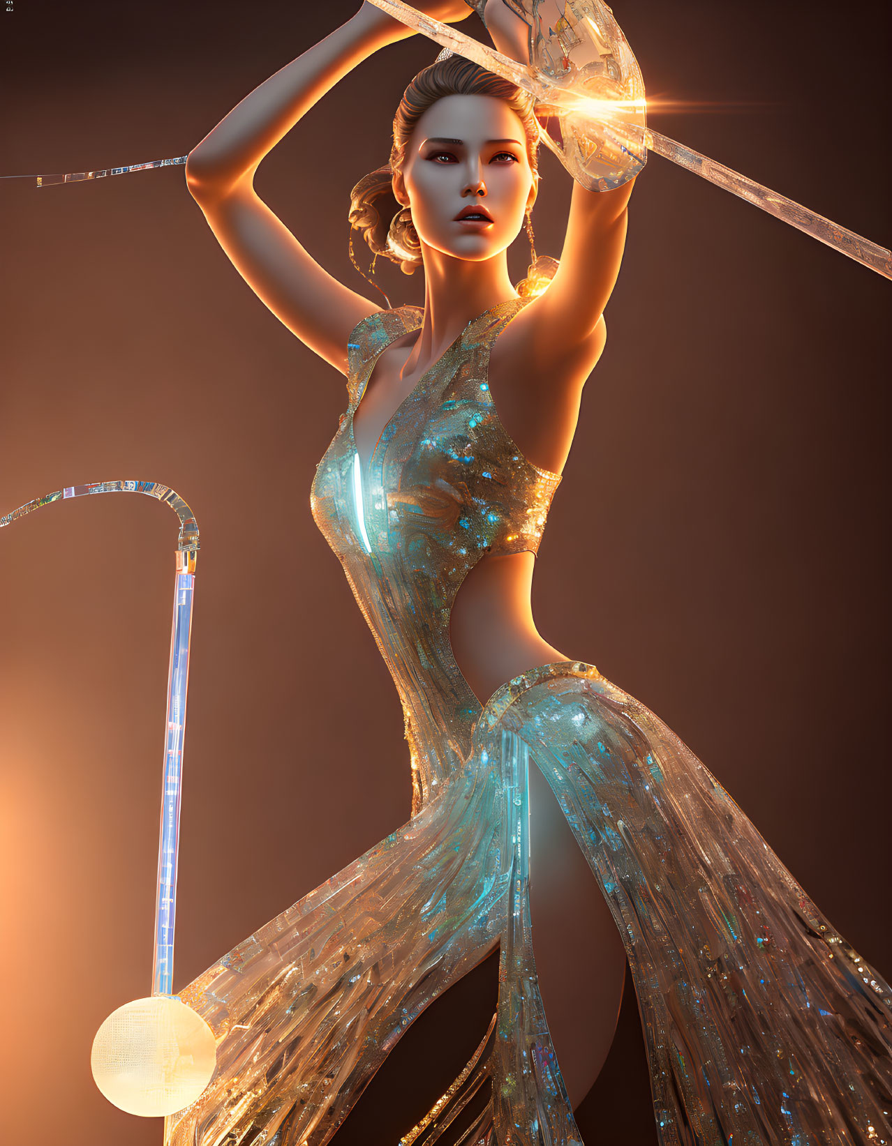 Futuristic glowing dress woman with staff in 3D render