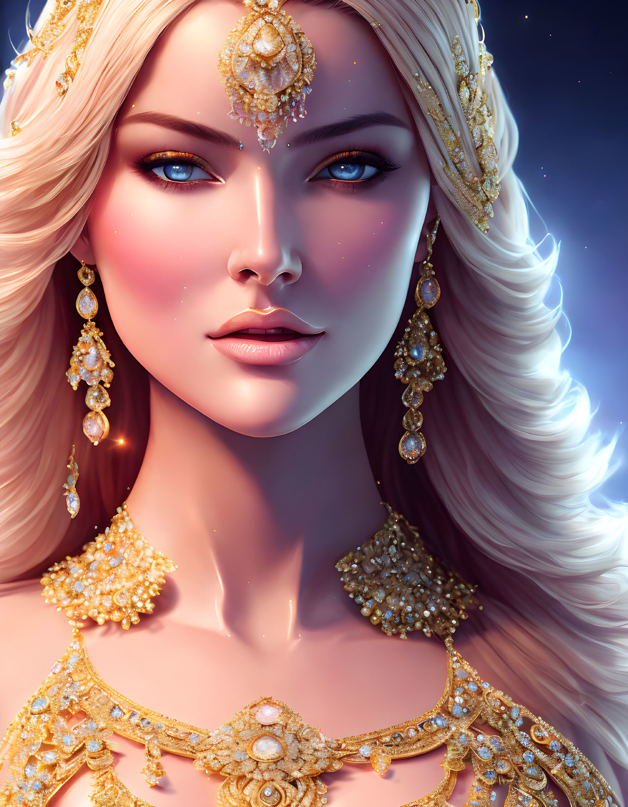Illustrated woman with golden jewelry, blue eyes, long hair, cosmic background