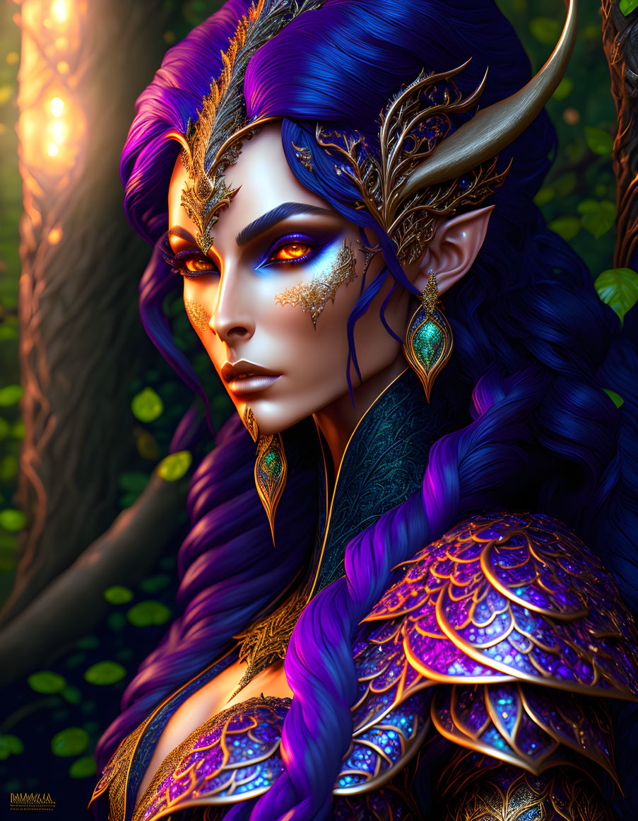 Fantasy elf with purple hair and golden armor in enchanted forest