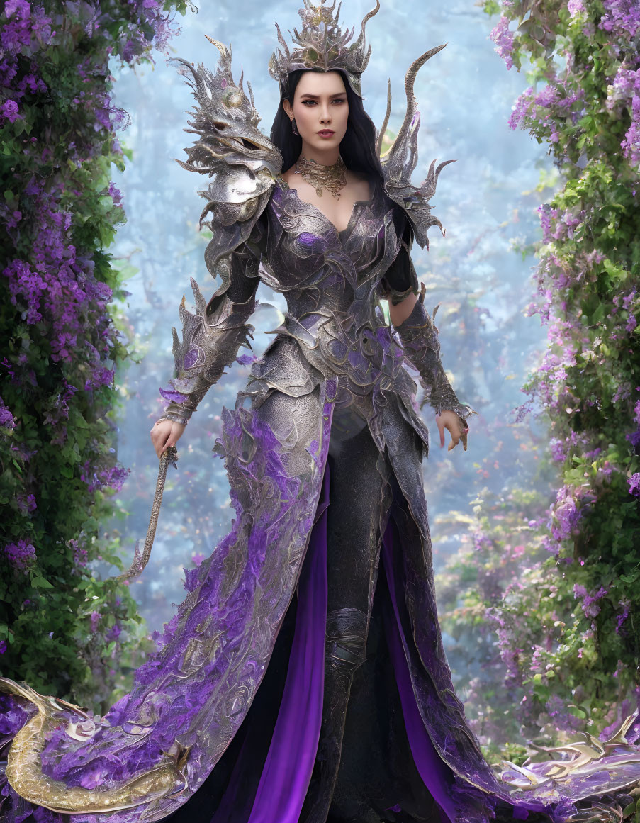 Regal woman in silver and purple armor amidst lush flora