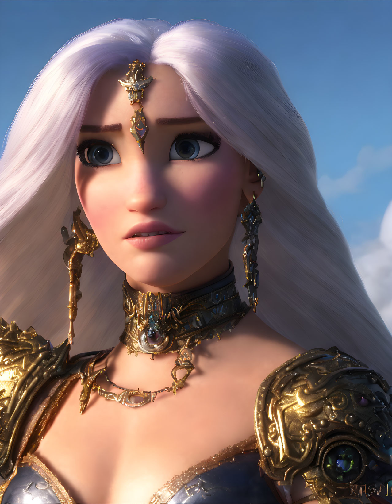 Detailed 3D animated female character with wide eyes and pink hair in ornate gold armor