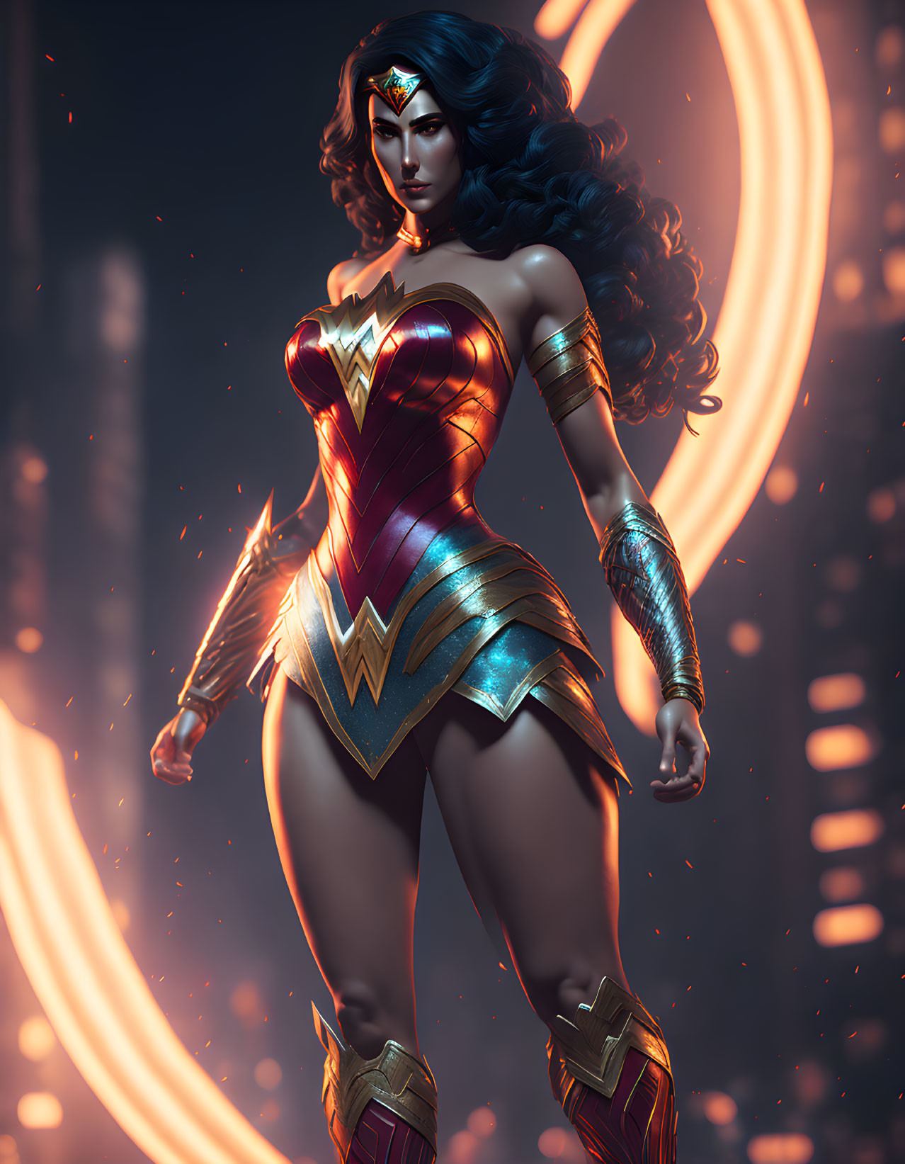 Wonder Woman in iconic costume with glowing lasso in futuristic setting