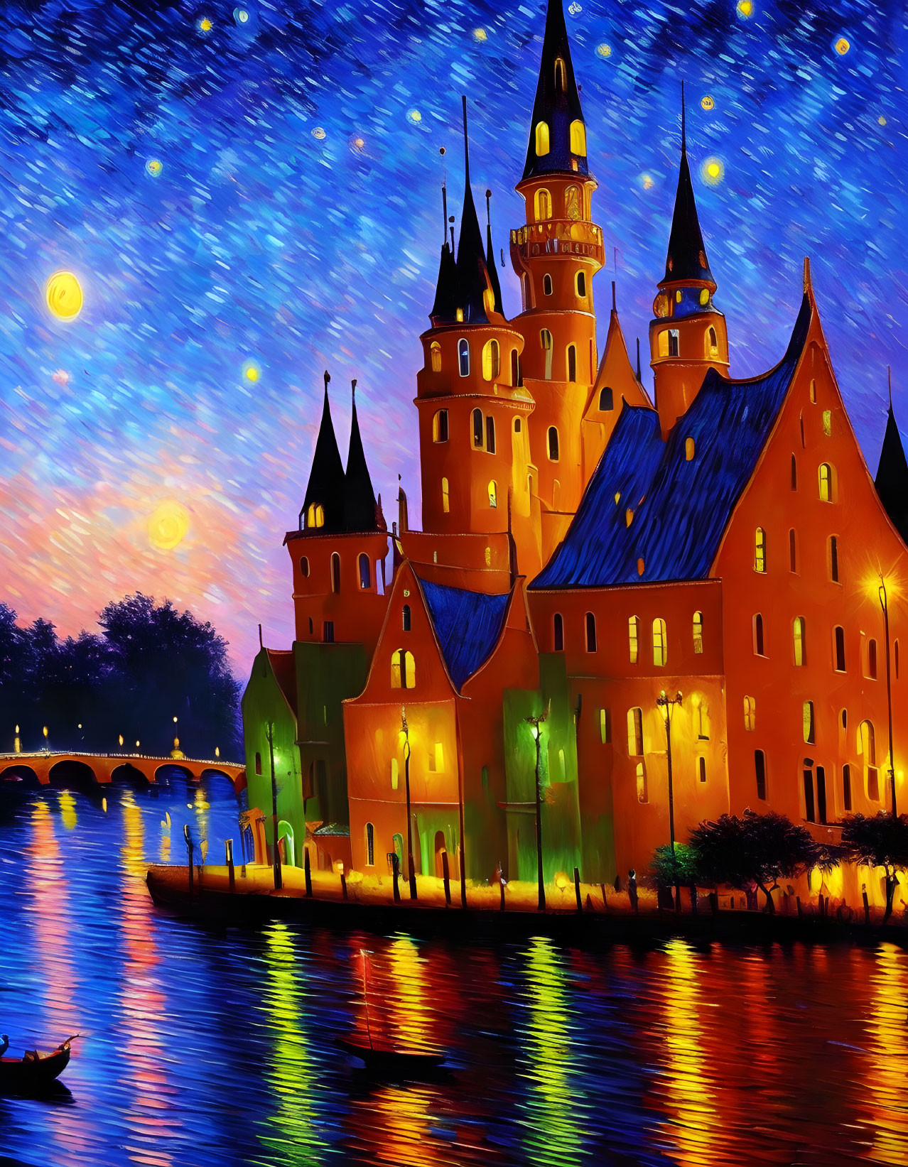 Impressionist-style painting: Grand castle at night by river, starry sky.