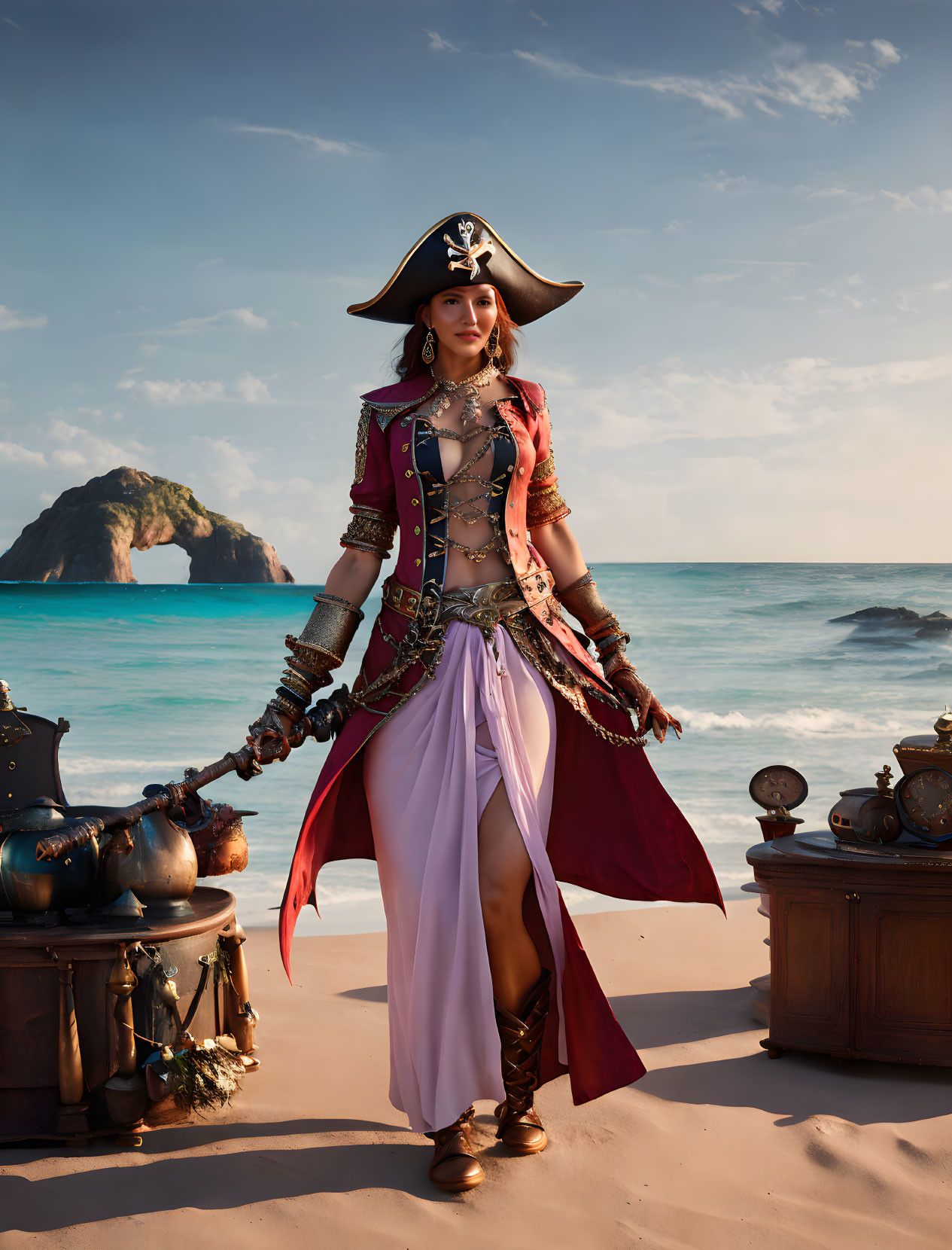 Elaborate pirate costume on sandy beach with treasure chest and skull