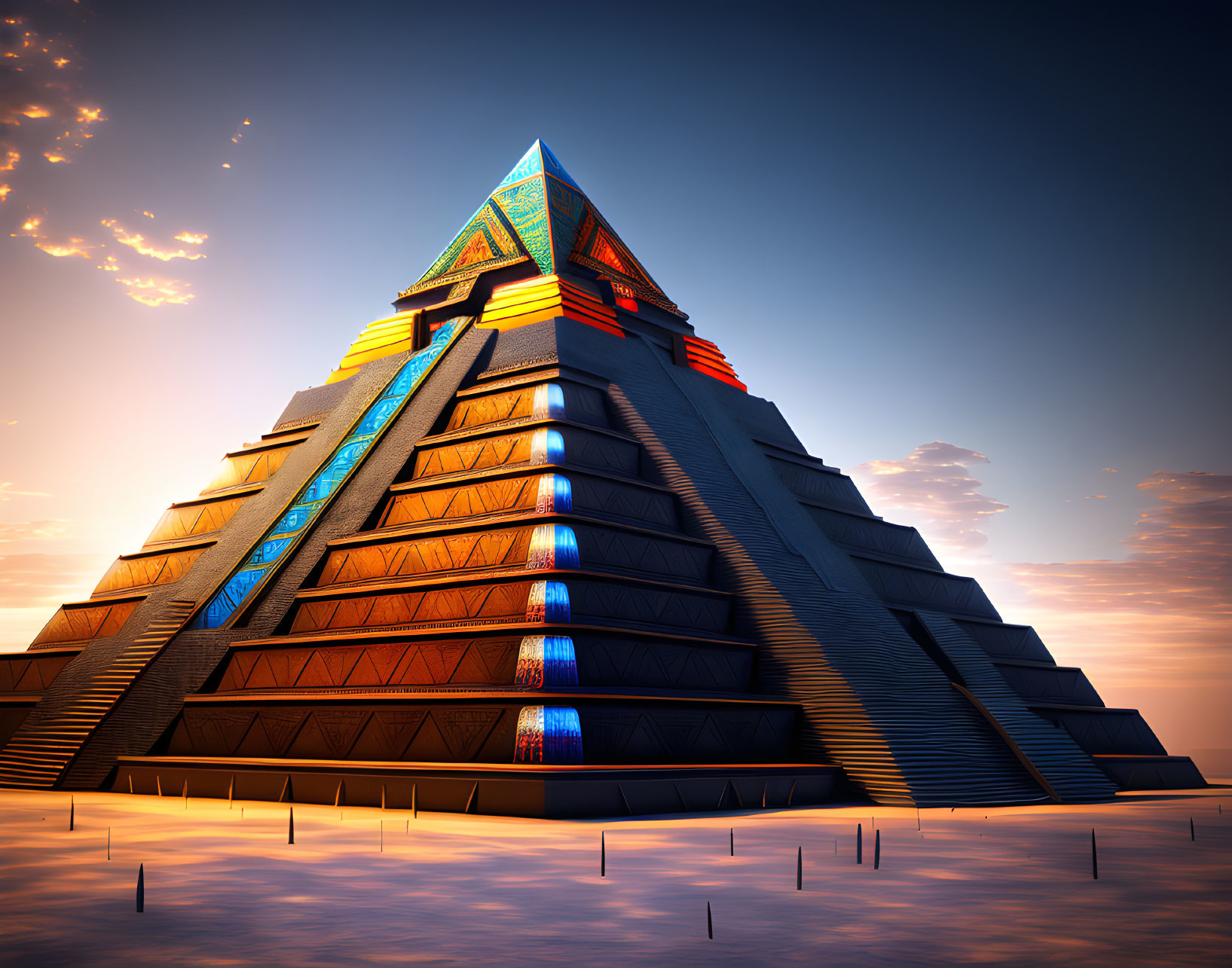 Futuristic illuminated pyramid at twilight