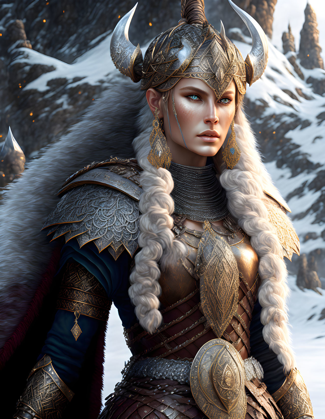 Female warrior with horned helmet and braided hair in snowy mountain setting