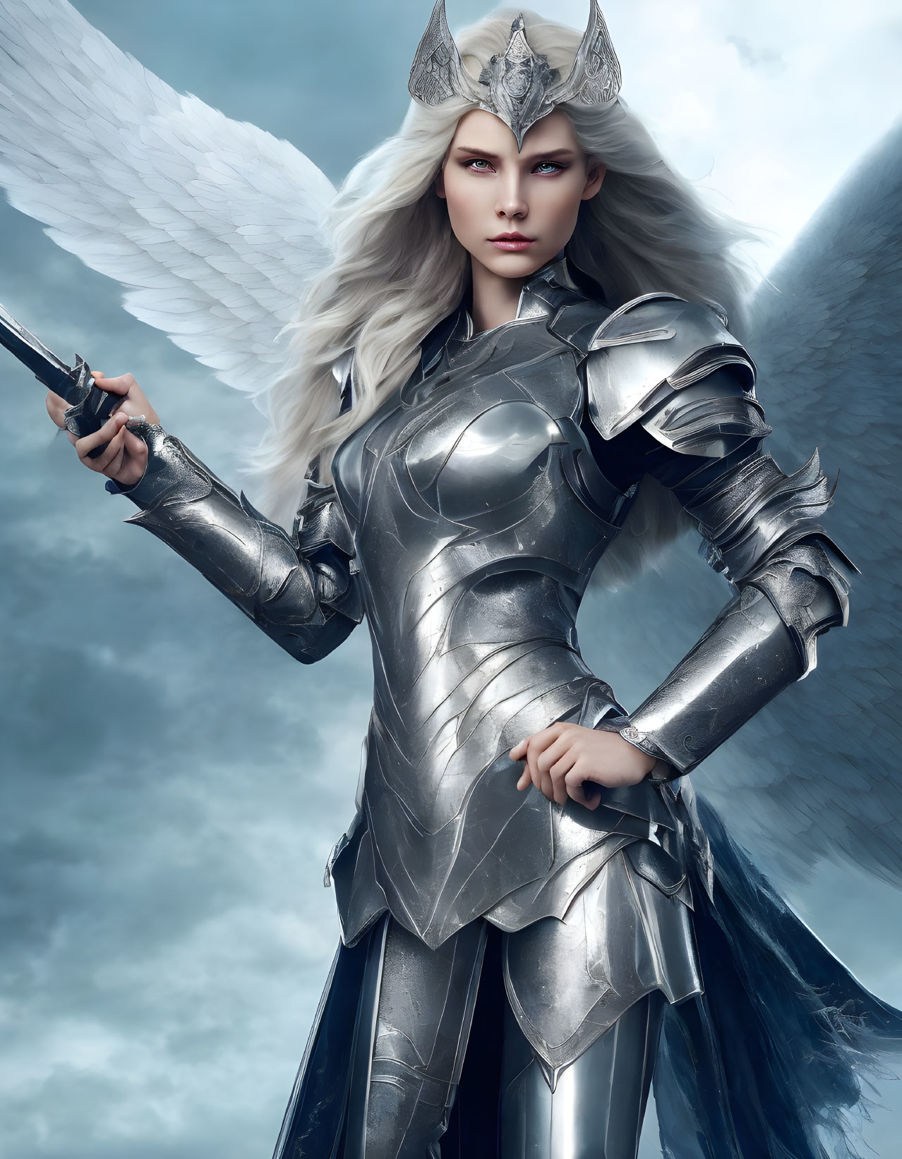 White-haired winged female warrior in silver armor wields sword under stormy sky