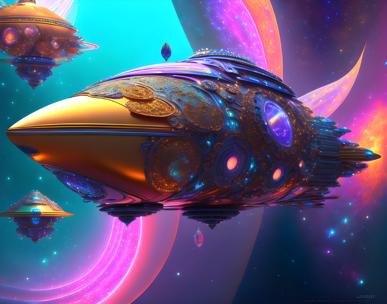 Colorful digital artwork: Ornate spaceships in cosmic setting