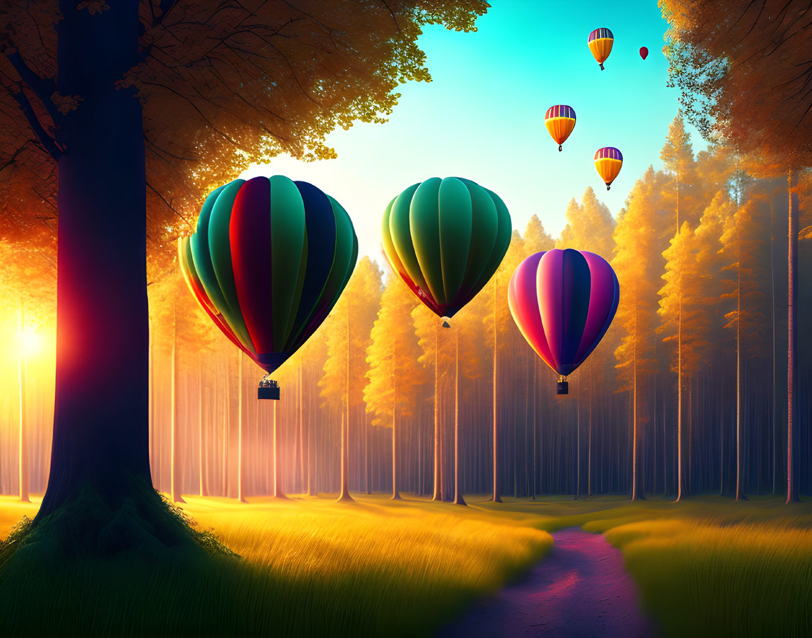 Vibrant hot air balloons over tranquil forest path at sunset