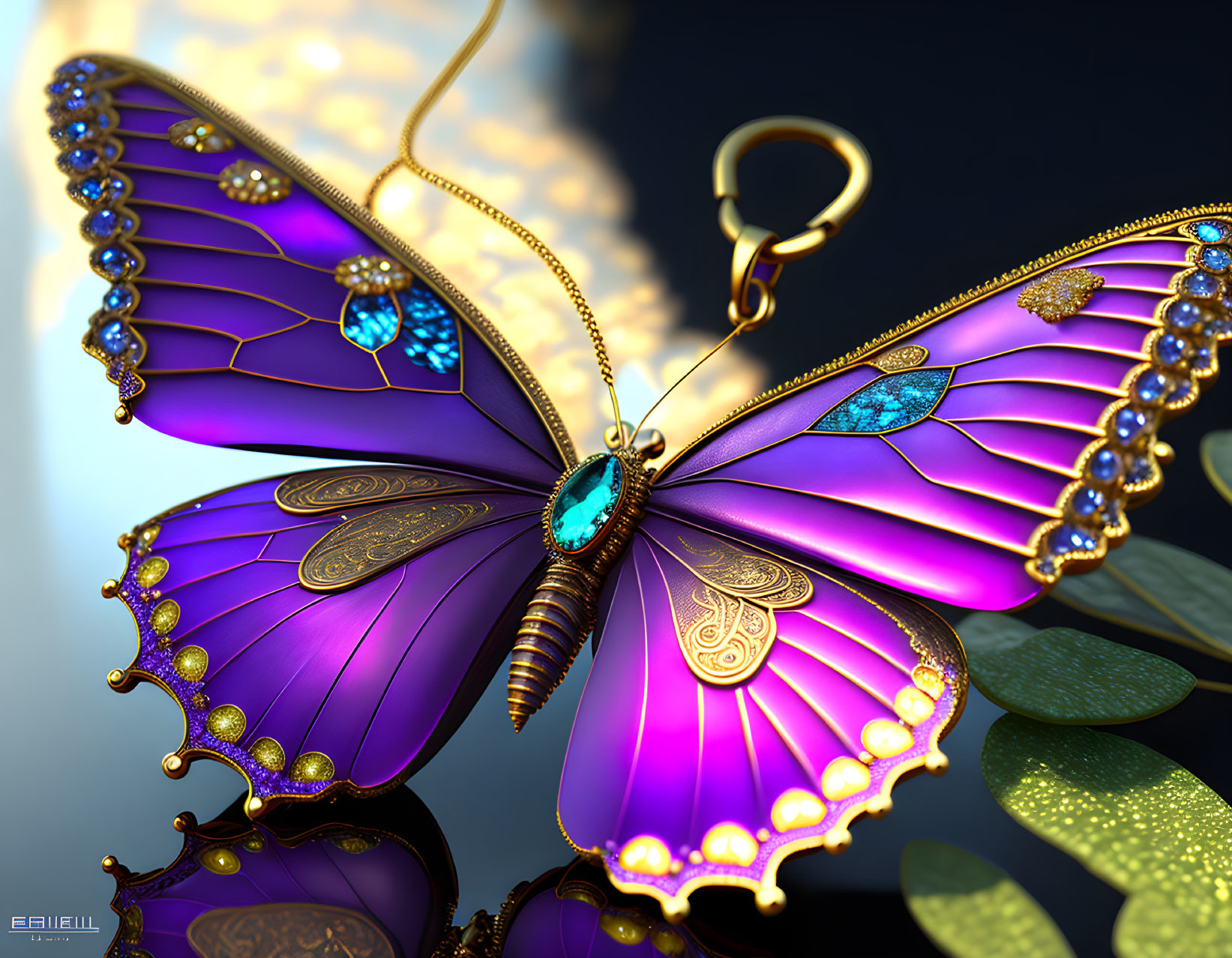 Stylized butterfly digital art with golden and jeweled details