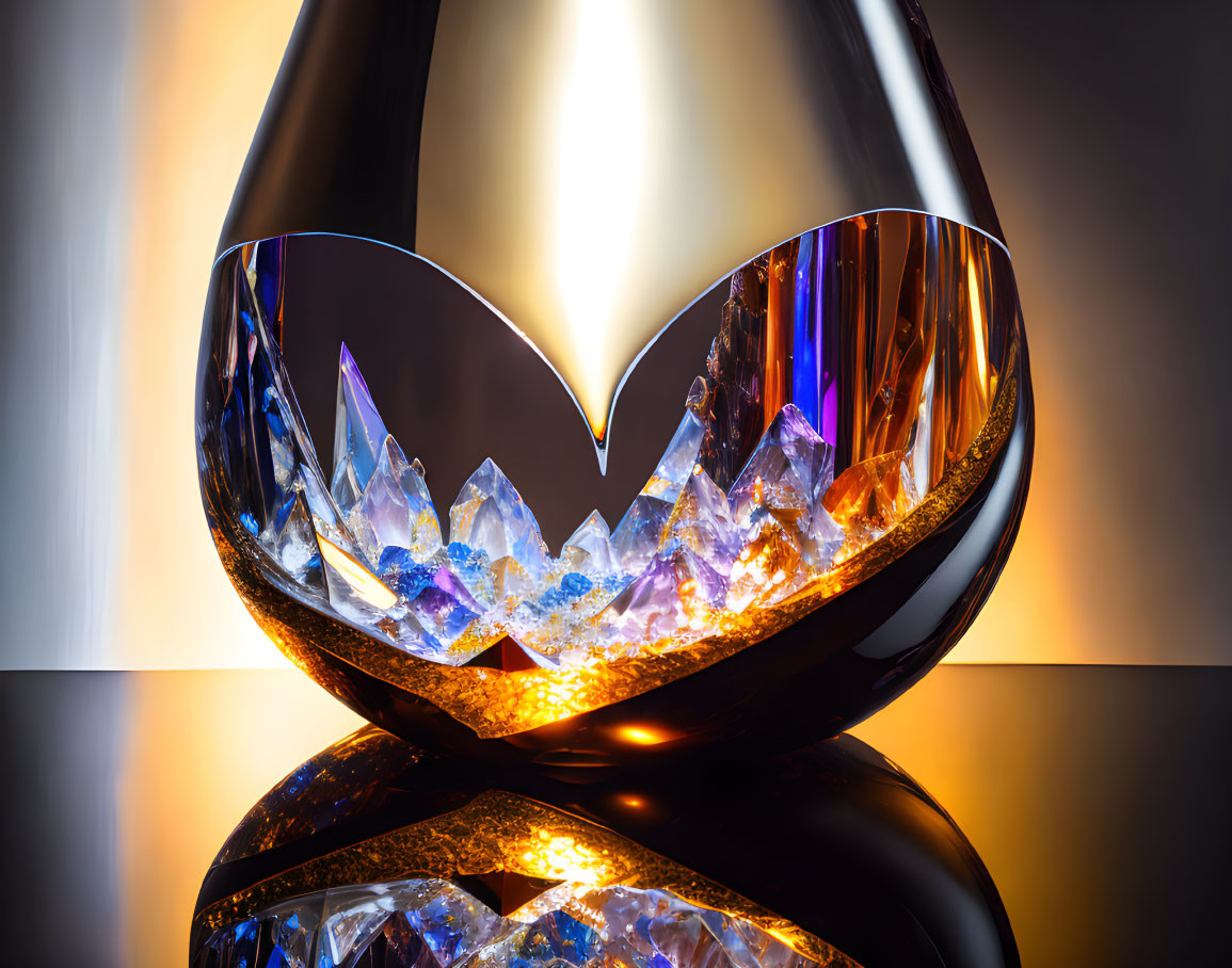 Reflective vase-like object with crystalline structures on gradient background