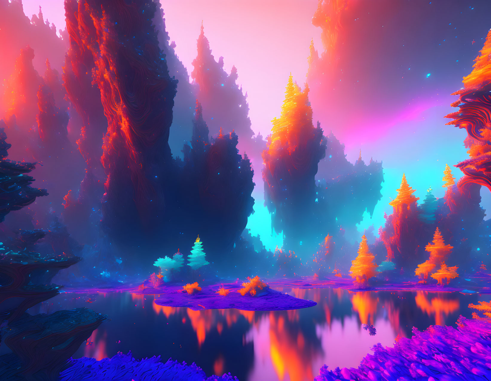 Colorful fantasy landscape with towering trees, reflective lake, and pink-blue sky