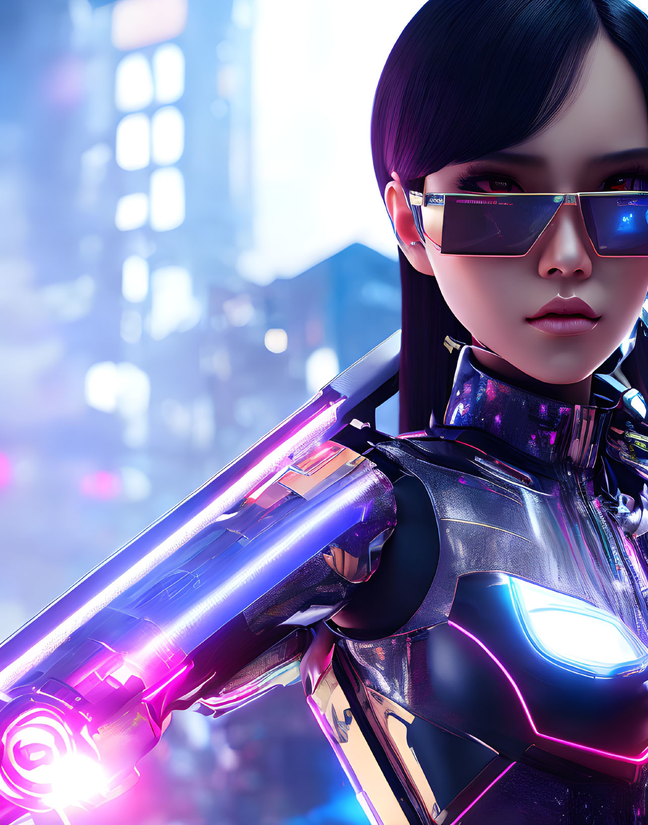 Female cyborg in reflective armor with neon lights against cityscape.